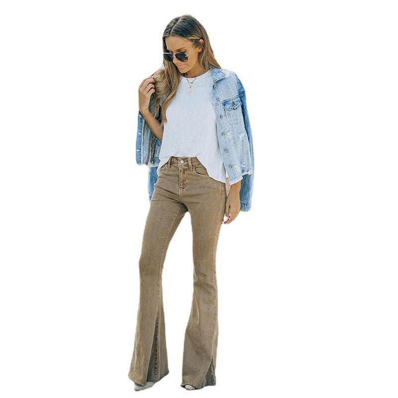 Women's Denim High Waist Mop Retro Flared Vintage Pants Stylish Camel