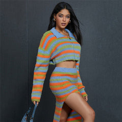 Women's Elegant Color Matching Long Dress Suit Striped Top