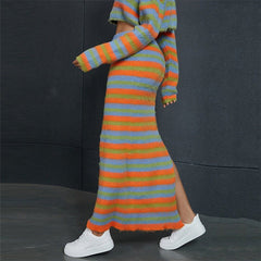 Women's Elegant Color Matching Long Dress Suit Striped Top