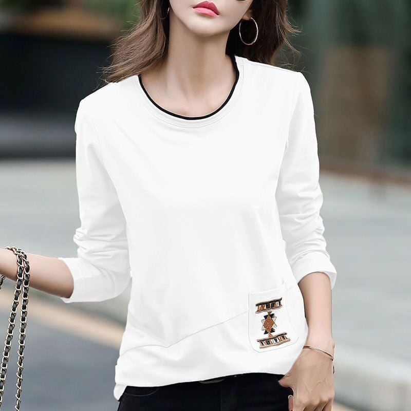 Women's Embroidered Pocket Long Sleeve T - shirt White