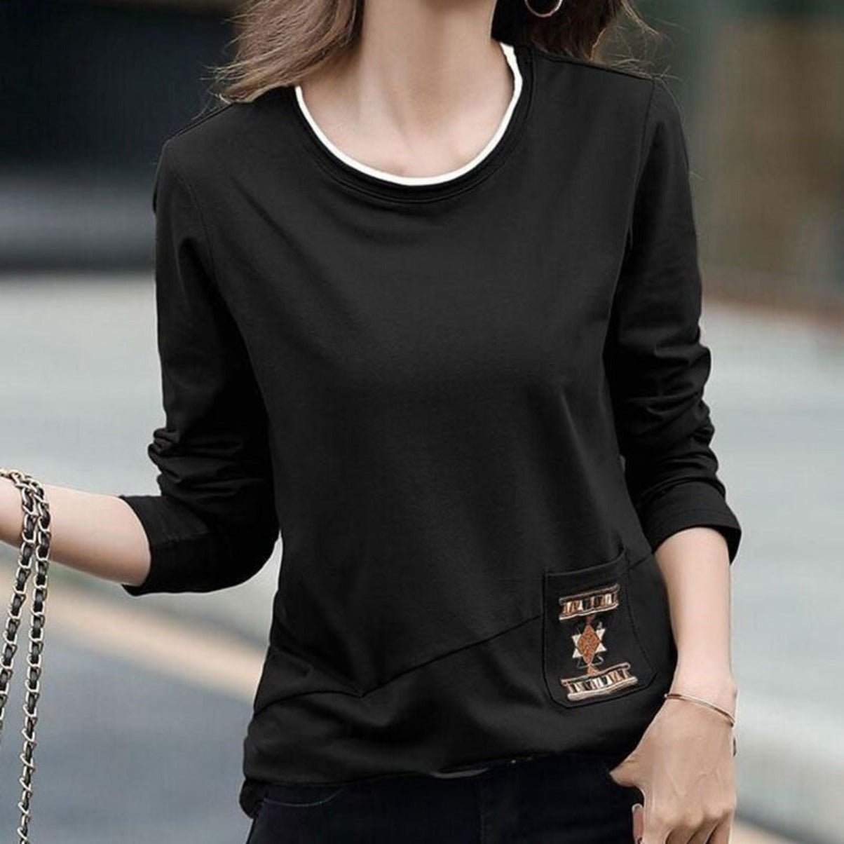 Women's Embroidered Pocket Long Sleeve T - shirt Black