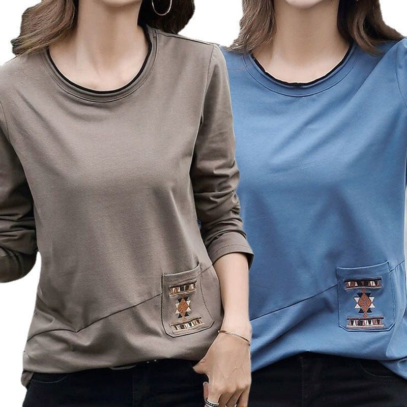 Women's Embroidered Pocket Long Sleeve T - shirt Black