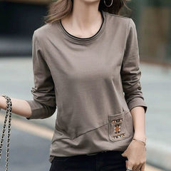 Women's Embroidered Pocket Long Sleeve T - shirt Khaki