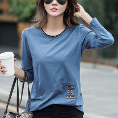 Women's Embroidered Pocket Long Sleeve T - shirt Blue