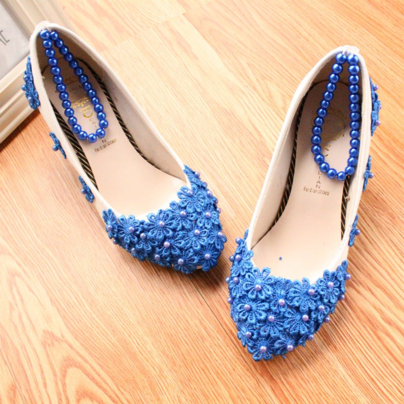 Women's Fashion Blue Pearl Anklet Wedding Shoes 3cm Heel
