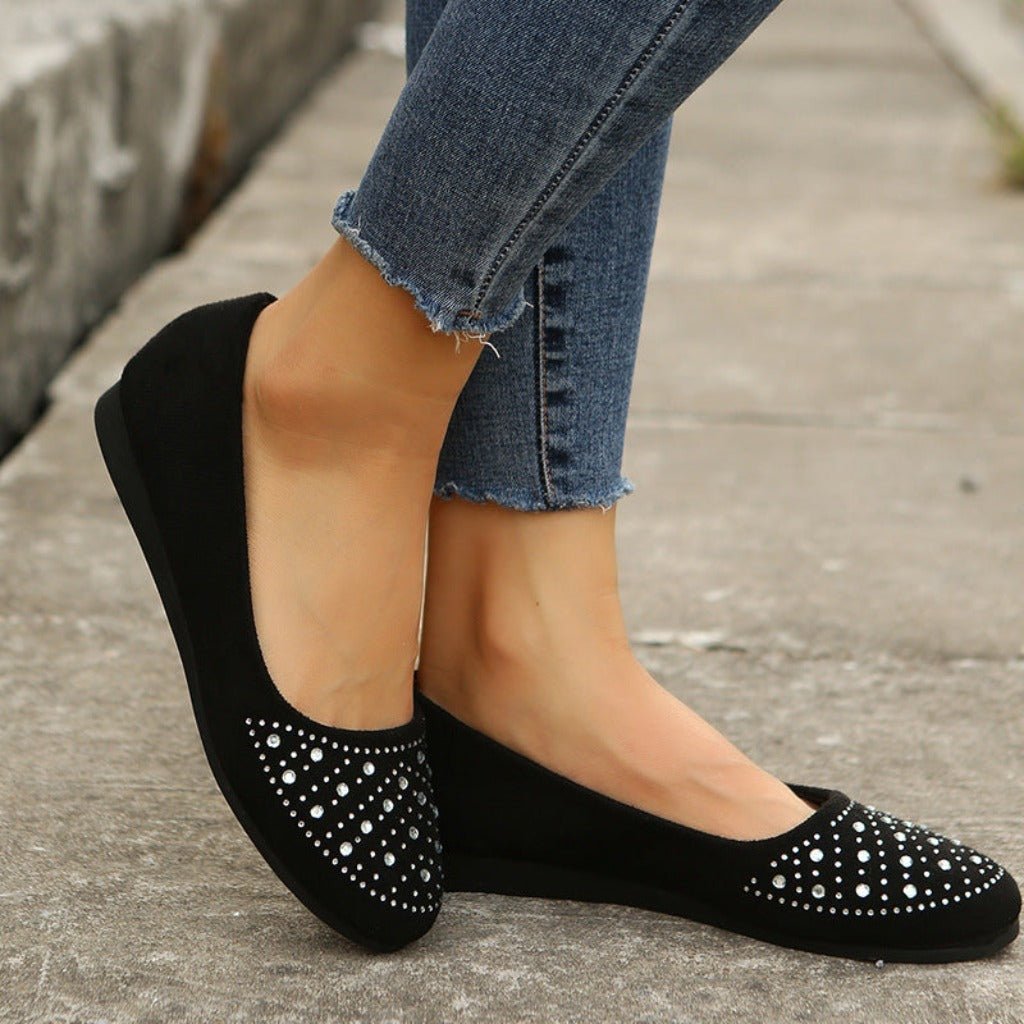 Women's Fashion Casual Flat Bottom Rhinestone Round Head Pumps Black