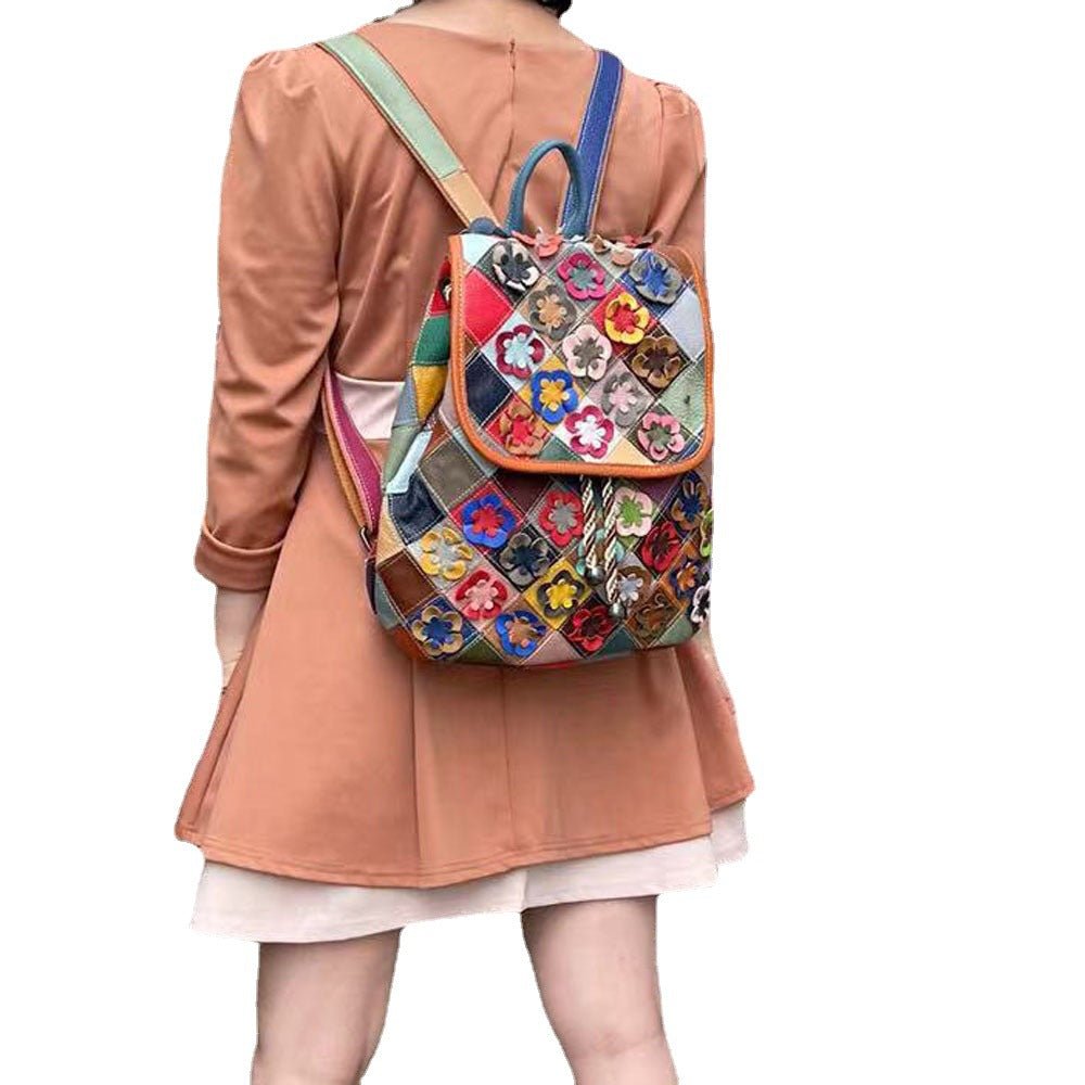 Women's Fashion Casual Rhombus Color Matching Leather Backpack Colorful