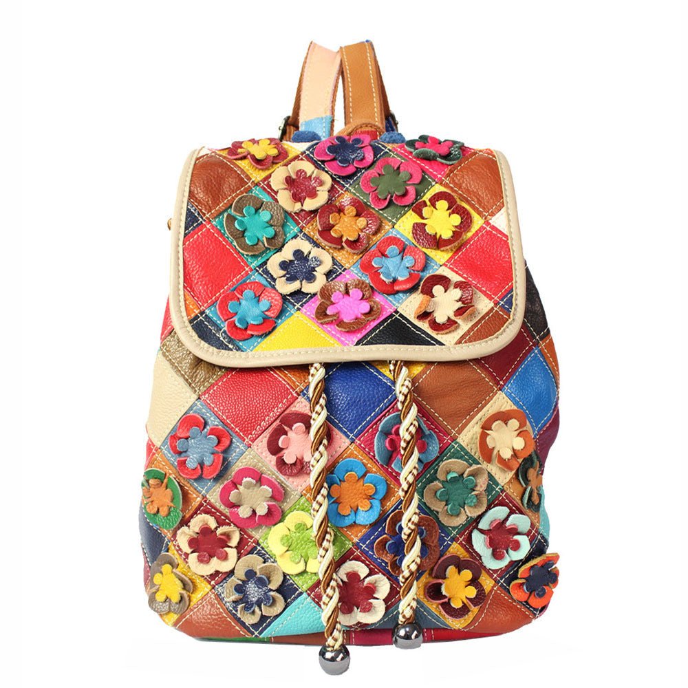 Women's Fashion Casual Rhombus Color Matching Leather Backpack Colorful