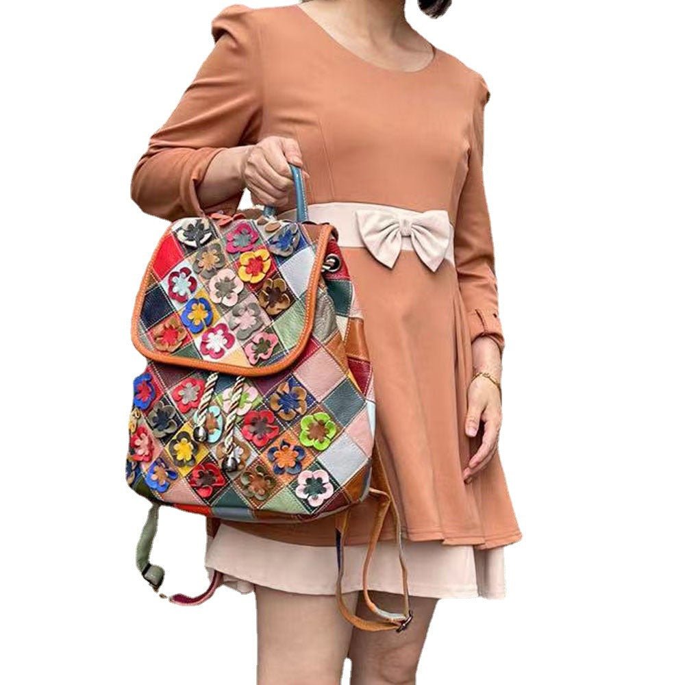 Women's Fashion Casual Rhombus Color Matching Leather Backpack Colorful