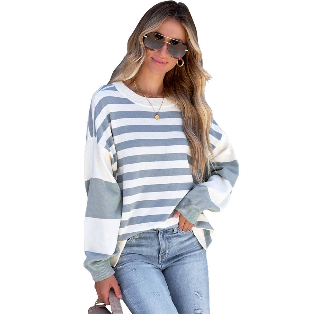 Women's Fashion Cozy Casual Striped Over - sized Shoulder Pullover Stripes