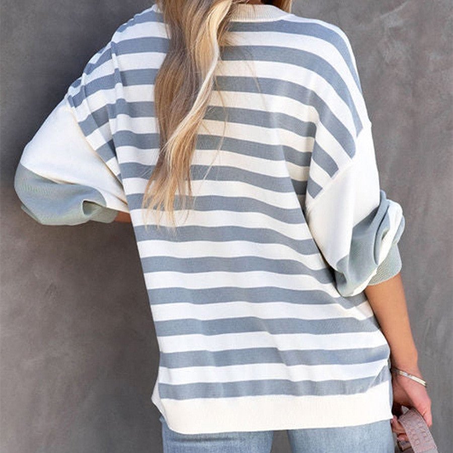 Women's Fashion Cozy Casual Striped Over - sized Shoulder Pullover Stripes