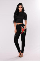 Women's Fashion Embroidery Ripped Black Denim Elastic Pants Black