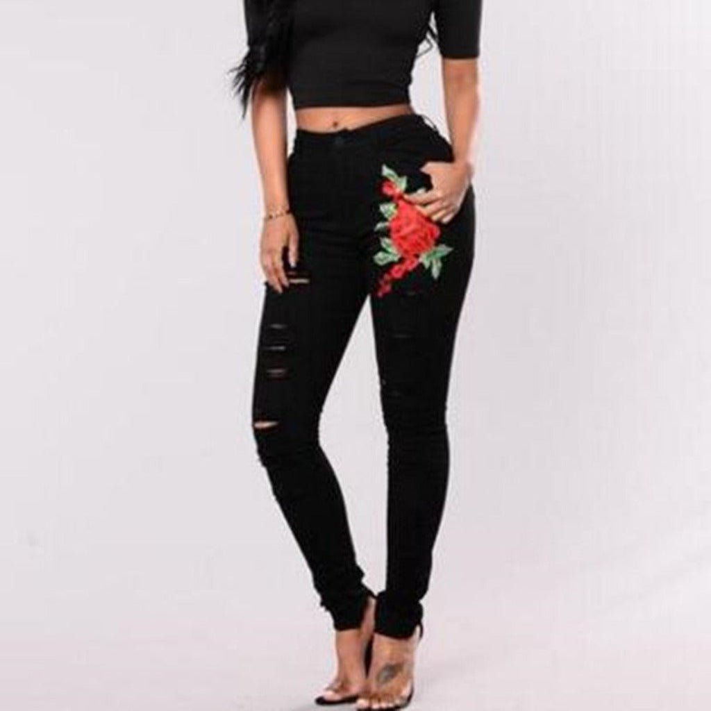 Women's Fashion Embroidery Ripped Black Denim Elastic Pants Black