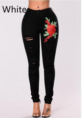 Women's Fashion Embroidery Ripped Black Denim Elastic Pants White