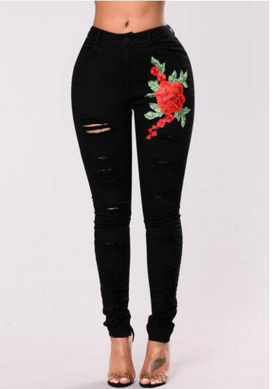 Women's Fashion Embroidery Ripped Black Denim Elastic Pants Black