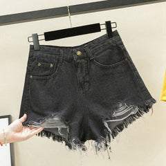 Women's Fashion High Waisted Shorts Ripped Shorts. Black Gray