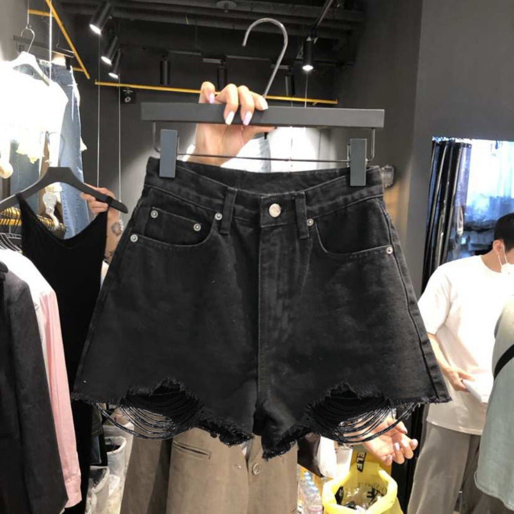 Women's Fashion High Waisted Shorts Ripped Shorts. Black