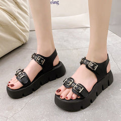 Women's Fashion Leisure Platform wedge booties ankle - strap Sandals Black