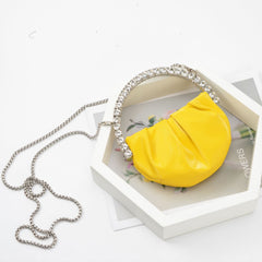 Women's Fashion Personality Diamond Clutch Fluorescent Yellow Satin Alloy