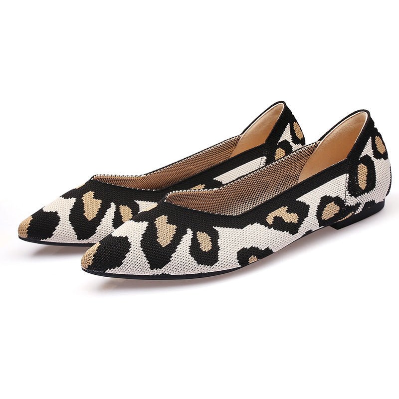 Women's Fashion Soft Bottom Flyknit Pointed Flat Shoes Leopard Print