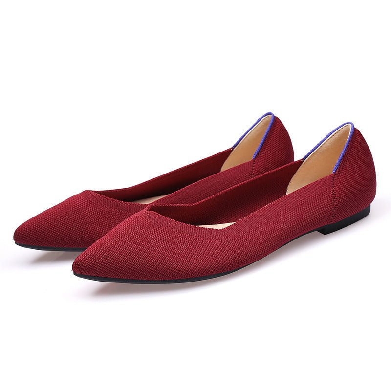 Women's Fashion Soft Bottom Flyknit Pointed Flat Shoes Wine Red