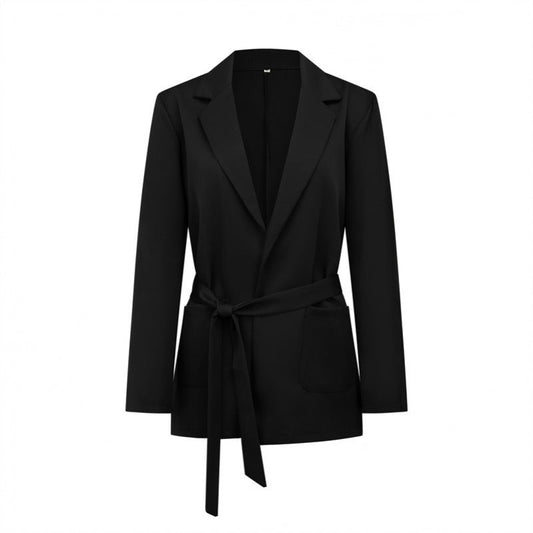 Women's Fashion Tailored Tied Pocket Notch Work wear Small Suit Jacket Black