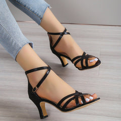 Women's Fashion Timeless Stiletto Statement Heel Cross Strap Sandals Black