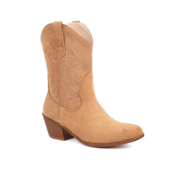 Women's Fashionable Simple Thick Mid Heel Sleeve Embroidered Ankle Boots Yellow