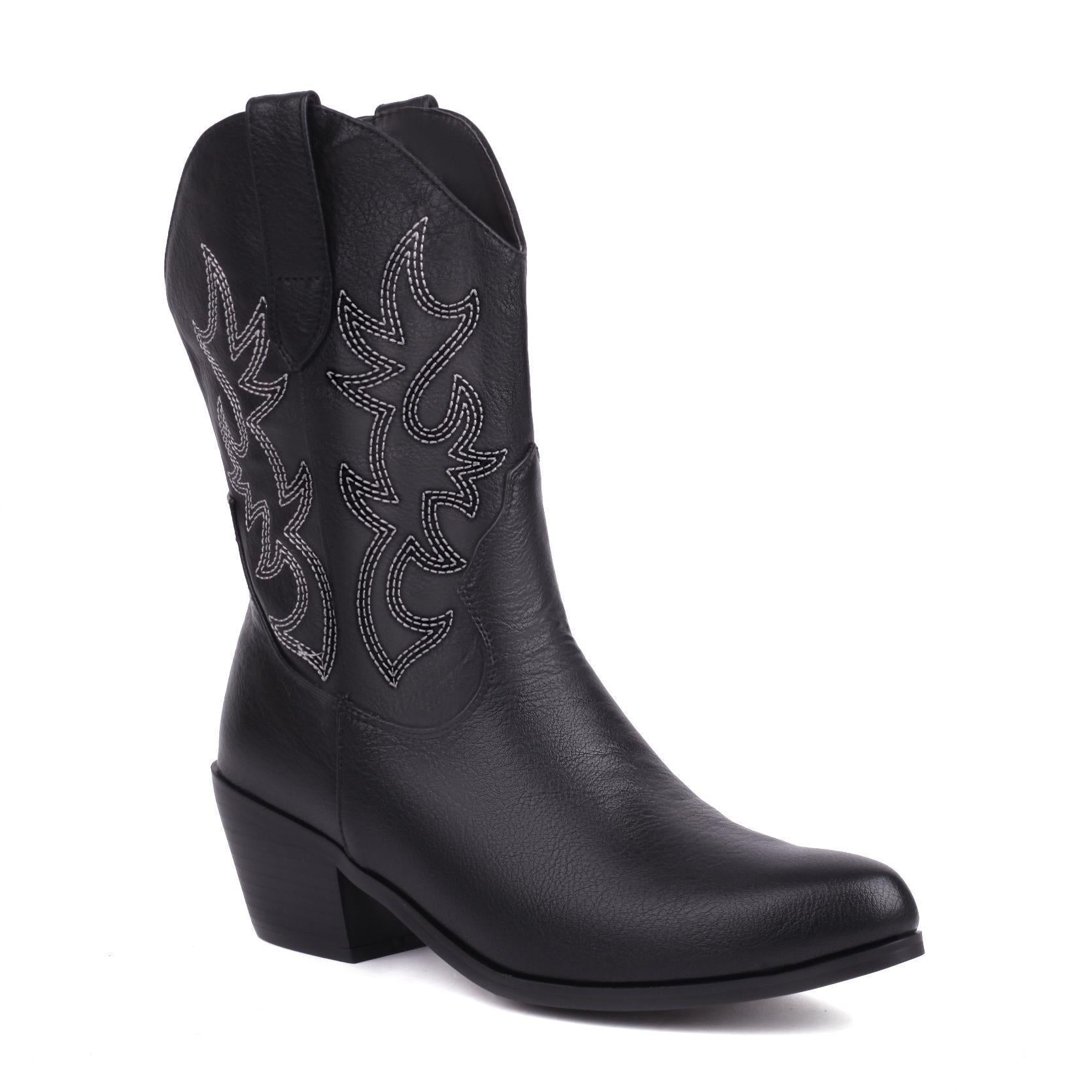 Women's Fashionable Simple Thick Mid Heel Sleeve Embroidered Ankle Boots Black