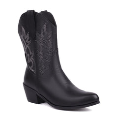 Women's Fashionable Simple Thick Mid Heel Sleeve Embroidered Ankle Boots Black