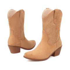 Women's Fashionable Simple Thick Mid Heel Sleeve Embroidered Ankle Boots Beige