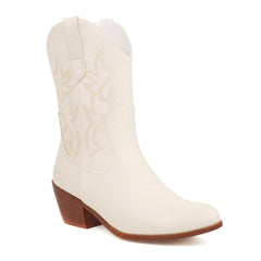 Women's Fashionable Simple Thick Mid Heel Sleeve Embroidered Ankle Boots Beige