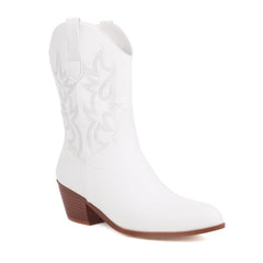 Women's Fashionable Simple Thick Mid Heel Sleeve Embroidered Ankle Boots White