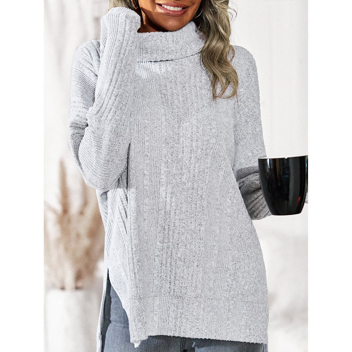 Women's Fleece Turtleneck Knit Top - Floral Gray Flower Gray