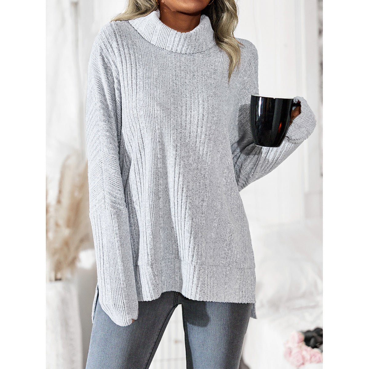 Women's Fleece Turtleneck Knit Top - Floral Gray Flower Gray