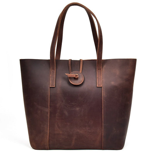 Women's Genuine Leather Clutch Tote - Retro Designer Big Bag Dark brown