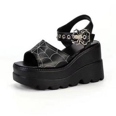 Women's Graceful Platform Spider Web Lace Wedge Heels Sandals Black Matte