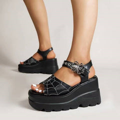 Women's Graceful Platform Spider Web Lace Wedge Heels Sandals Black Bright