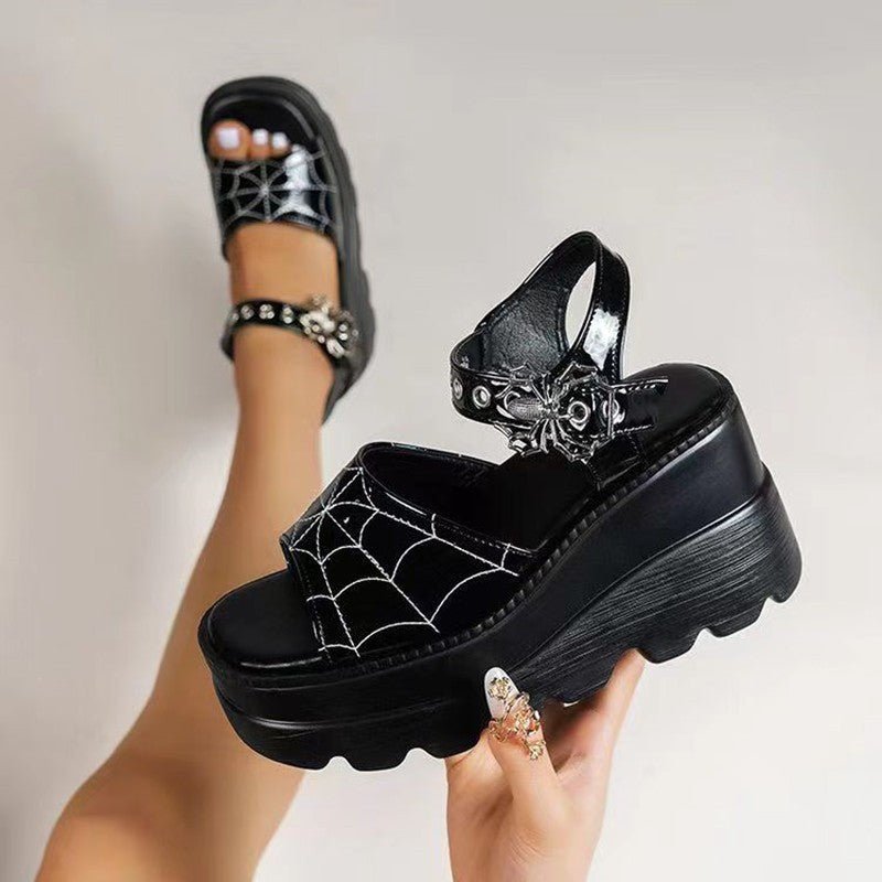 Women's Graceful Platform Spider Web Lace Wedge Heels Sandals Black Bright