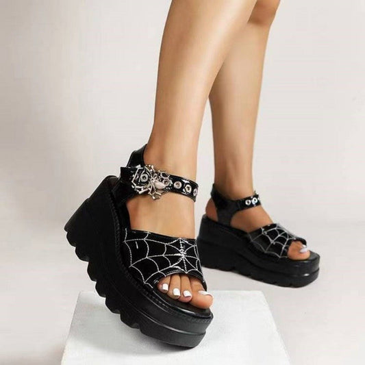 Women's Graceful Platform Spider Web Lace Wedge Heels Sandals Black Bright