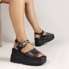 Women's Graceful Platform Spider Web Lace Wedge Heels Sandals Black Bright