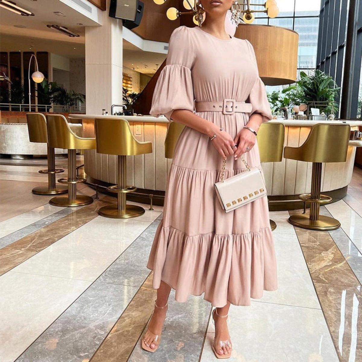 Women's Graceful Puff Sleeve Ruffled Dress Apricot