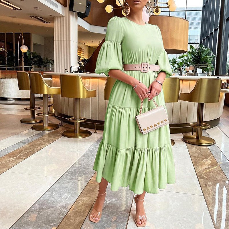 Women's Graceful Puff Sleeve Ruffled Dress Light Green