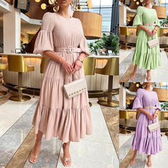 Women's Graceful Puff Sleeve Ruffled Dress Light Green