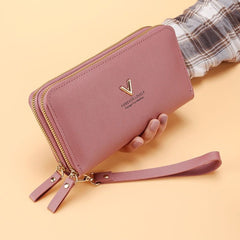 Women's Handbag Long Double Layer Zipper Large Capacity Dark Pink
