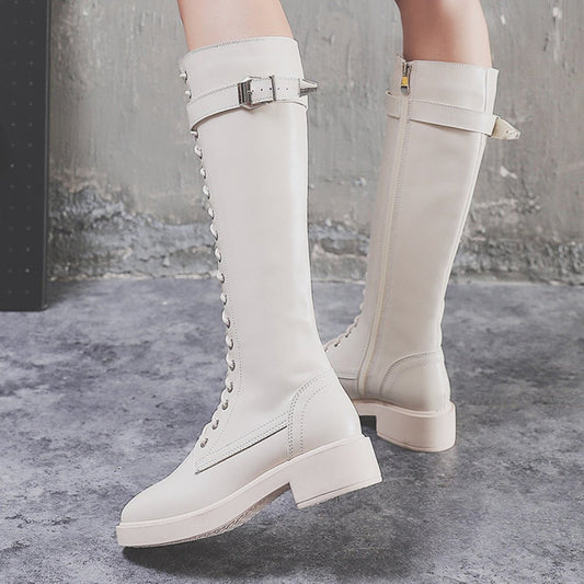Women's High Flat Long Boots Offwhite plus velvet