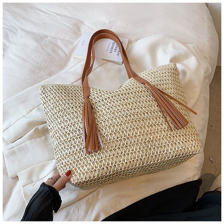 Women's High - grade Large - capacity Woven Shoulder Bag Beige