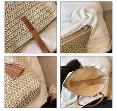 Women's High - grade Large - capacity Woven Shoulder Bag Beige