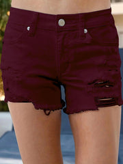 Women's High Waist Fringe Wide - leg Denim Shorts Burgundy