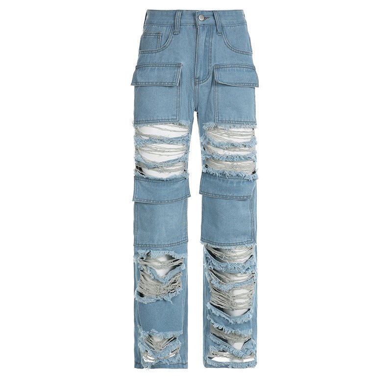 Women's High Waist Zipper Straight Ripped Jeans Blue